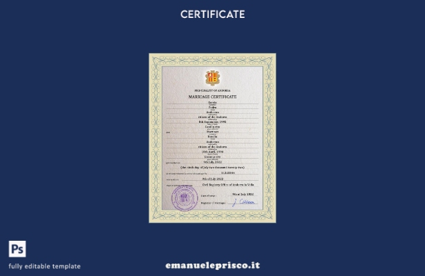 modello PSD di certificato di matrimonio di Andorra in stile verificato